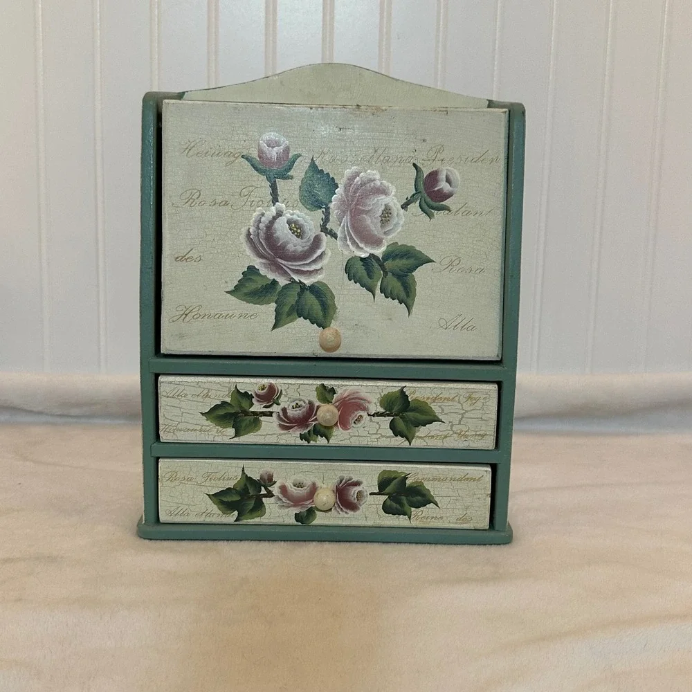 Unbranded Wooden Jewelry Box Green Excellent Floral Shabby Chic 3-Tier Floral